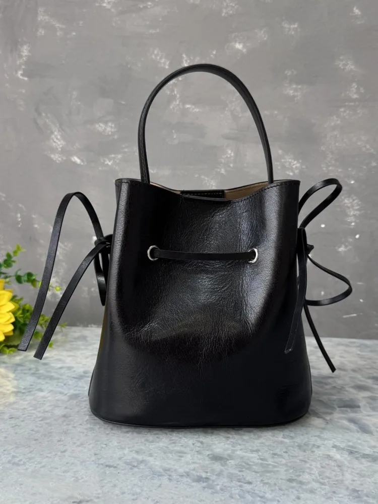 British Female Genuine Leather Crossbody Bags Versatile Ladies Drawstring Handbag Solid Color Cowhide Single Shoulder Bag