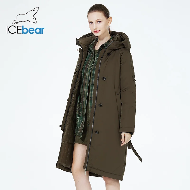 ICEbear 2023 New Winter Womens Jacket with Hood Warm Thickened Coat Windproof Parka With Belt GWD22599I