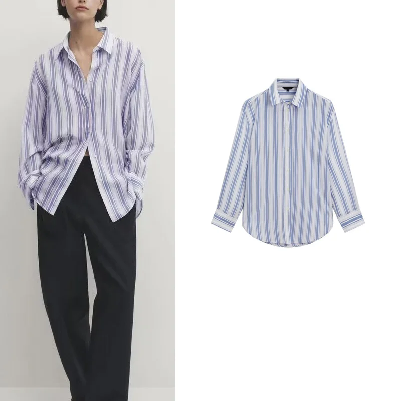 

Loose Fit Long Sve Blue Striped Casual irt New Arrival Spring Summer Women's Faion Comfortable irt Polyester Fiber