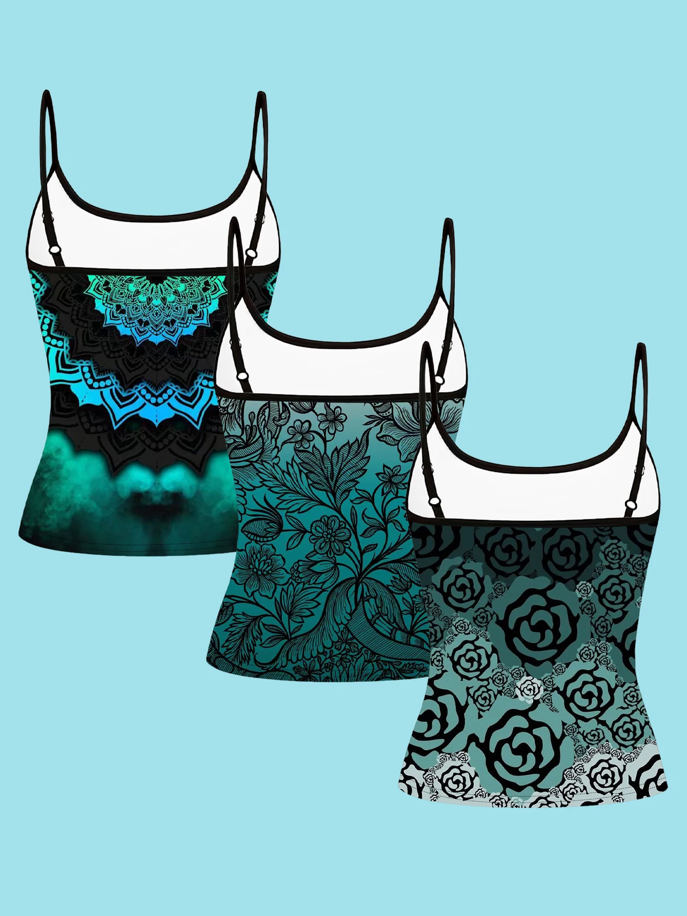 3-Piece Set of Mandala Black Rose Pattern Camisoles, Slim-Fitting and Flattering, Suitable for Wearing Inside or Outside