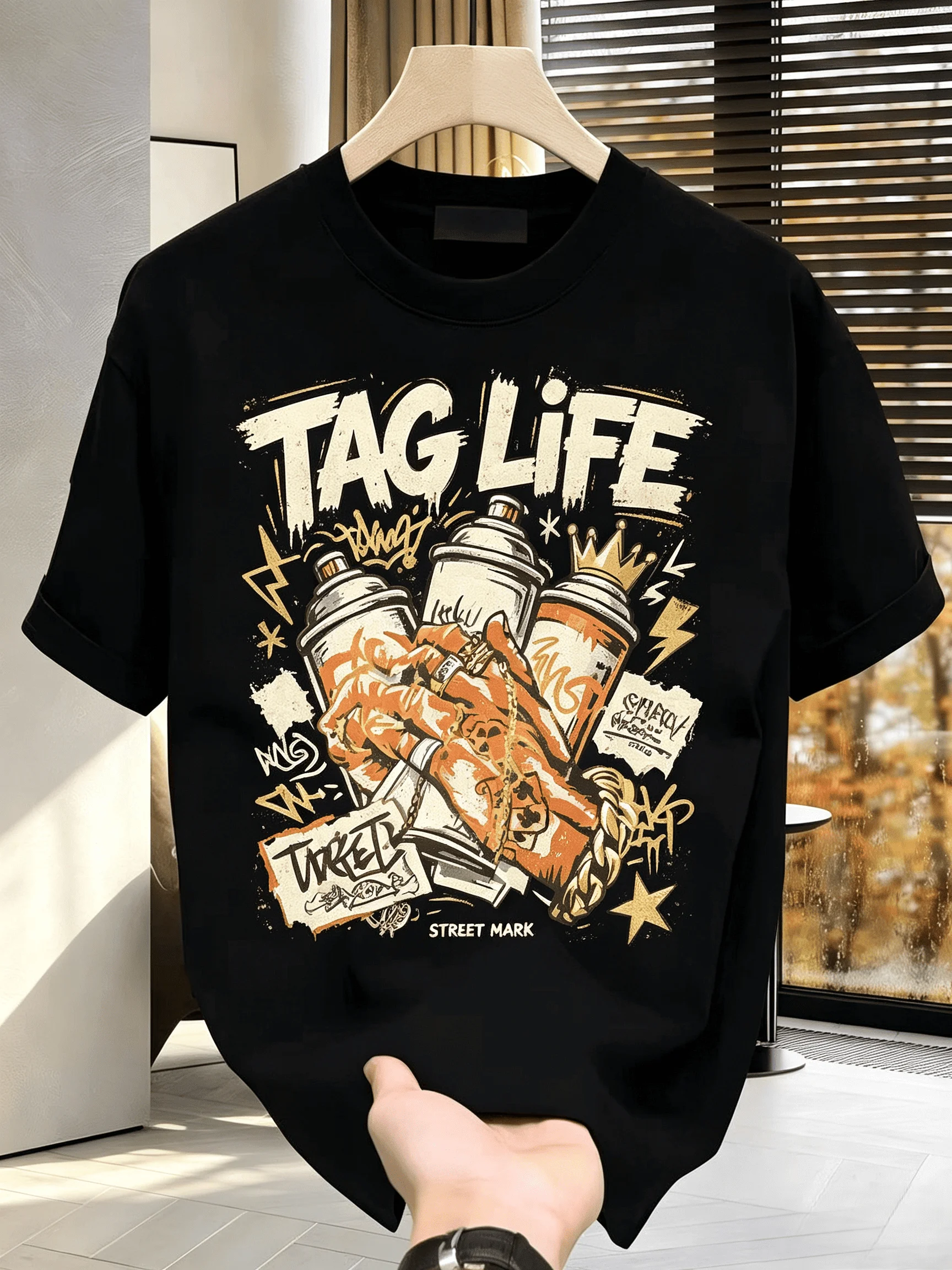 Unisex TAG LIFE Graffiti Spray Can Street Graphic T Shirt Men Women Vintage Hip Hop Short Sleeve Black Streetwear Tee