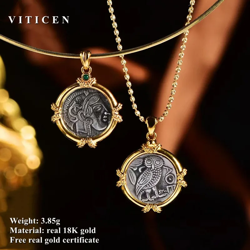 VITICEN Real 18k Gold Au750 Woman'S Ancient Coin Pendant Necklace Athena Original Design Gift For Woman Vintage Fine Jewelry