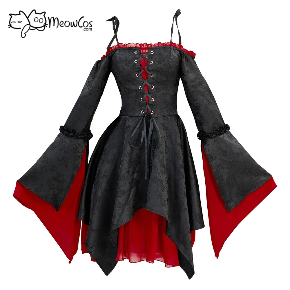 MEOWCOS Damen Mittelalter Gothic Schwarzes Samtkleid Vampir-Stil Schulterfreies Trägerkleid Cosplay-Kostüm