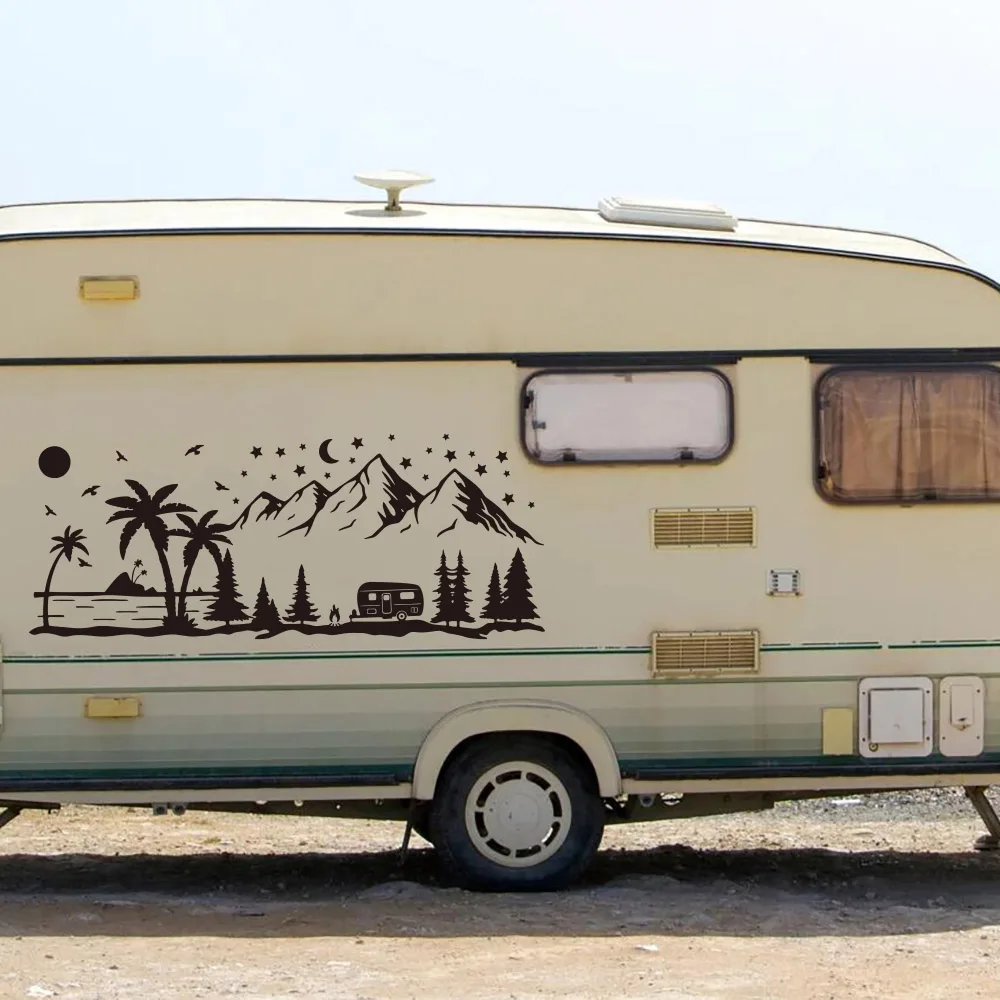 Large Strand En Bergen Tree Mountain Camper Rv Car Sticker Decal Travel Camping Adventure Motorhome Caravan Decor