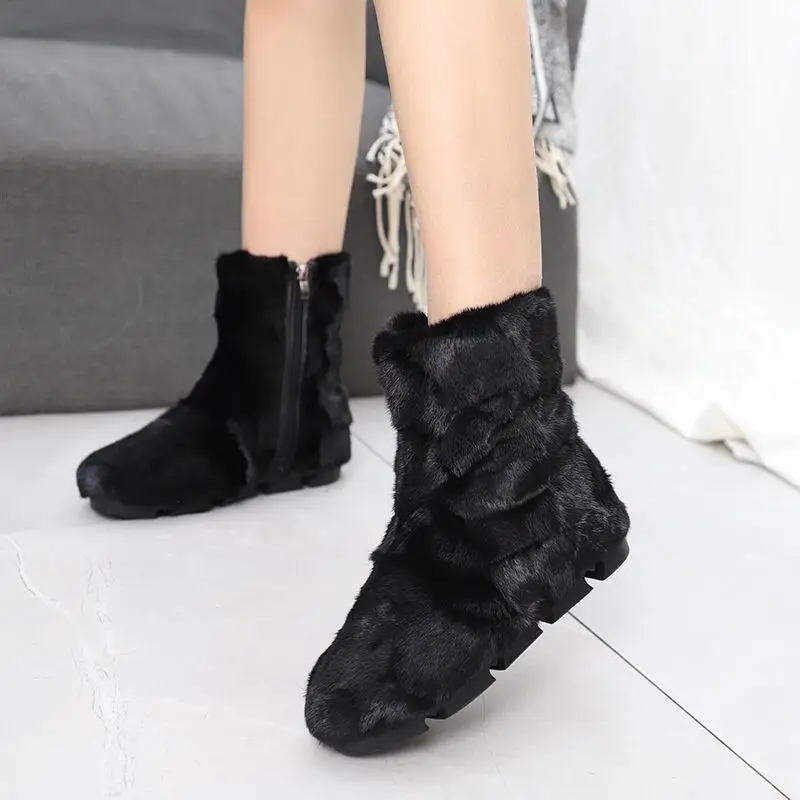 Mink Fur Women Winter Warm Boots Furry Flat Botines Mujer Platform Shoes Ladies Black Botas Femininas Skidproof Snow Fur Boots