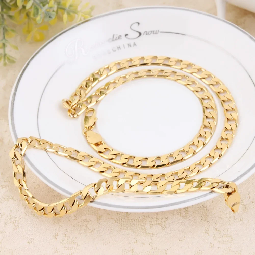 Wholesale 925 Sterling Silver 18K Gold Color Classic 6MM Chain Bracelet Neckalce for Women Men Wedding Jewelry Set