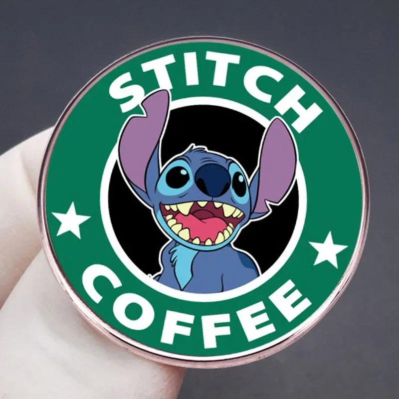 Disney Stitch Coffee Metal Round Enamel Pins Funny Slogan Brooches Cute Animal Old-school Punk Cartoon Collar Badge Jewelry Gift