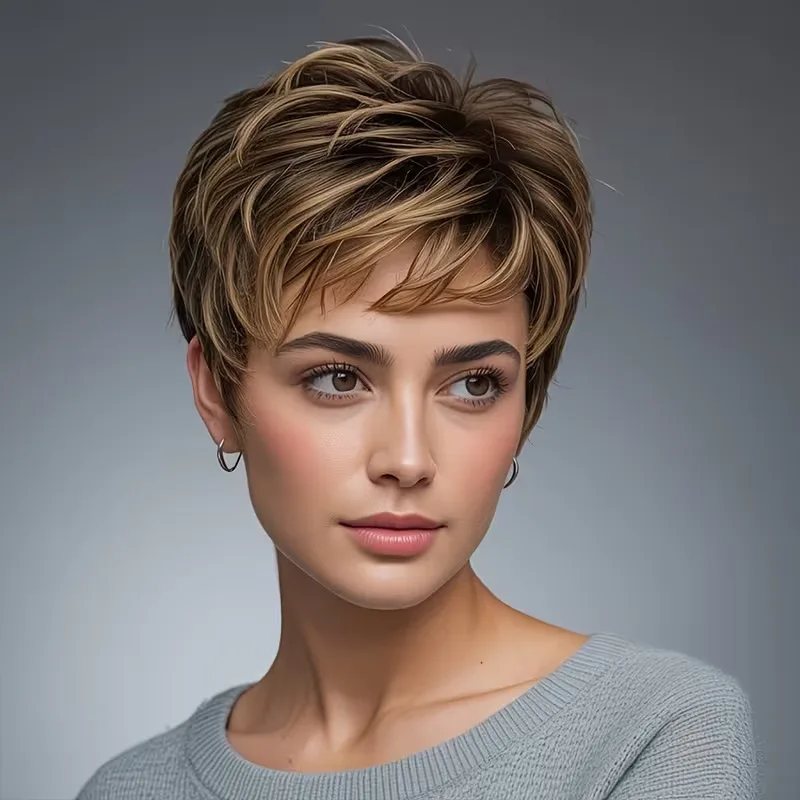 Layered Highlighted Elf Short Hair Wig for Women with Bangs, Short Style, Heat-Resistant Synthetic Fiber Wig