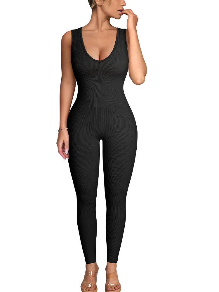 Women's Sleeveless V-Neck One-Piece Jumpsuit Seamless Solid Color Bodysuit  Elastic Knitted Jumpsuit For Sports Yoga Casual