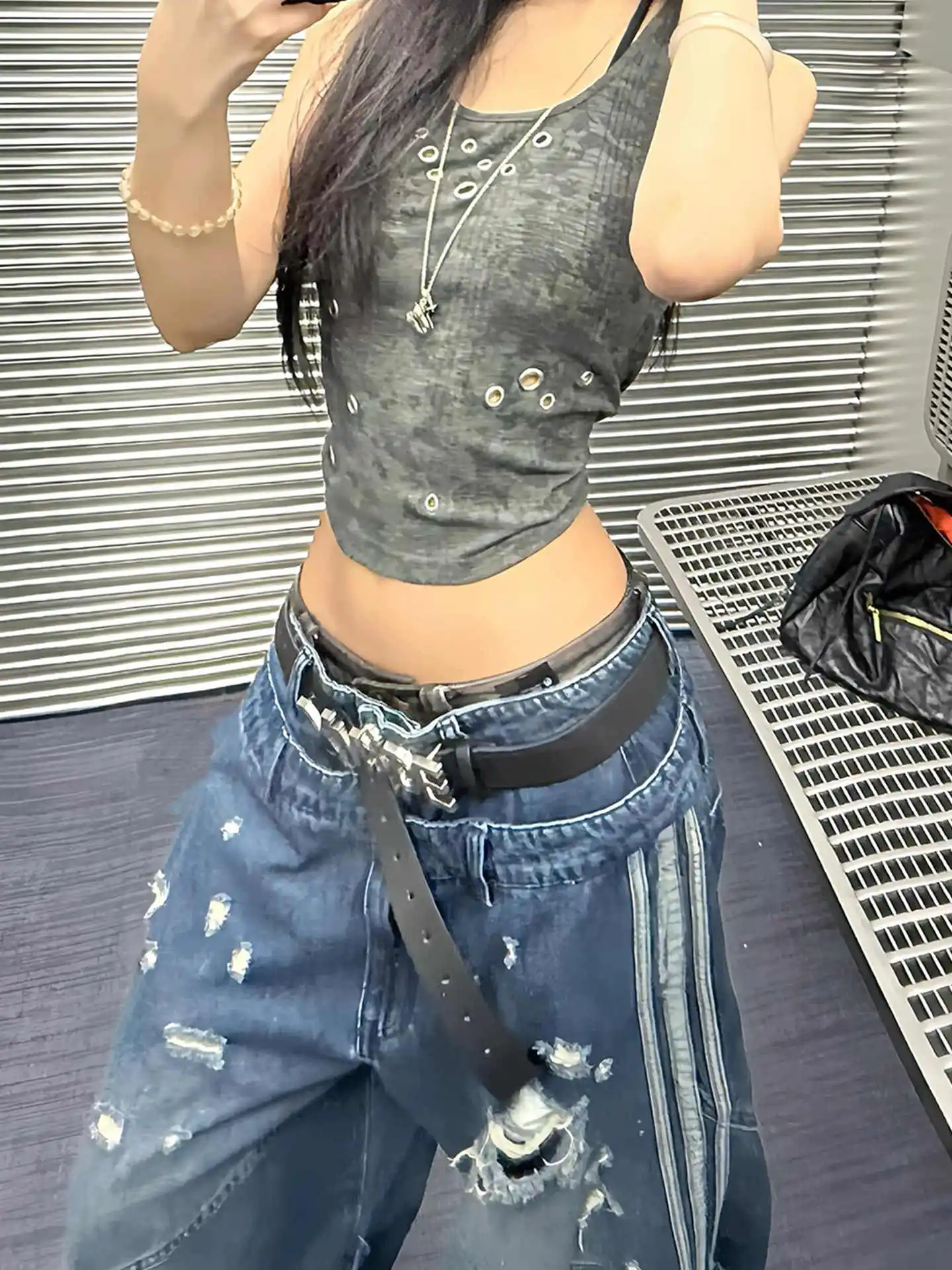 بنطلون جينز نسائي أزرق عتيق بخصر عالٍ هيب هوب مستقيم فضفاض من قماش الدنيم ملابس الشارع Y2K بنطلون واسع الساق أمريكي عتيق