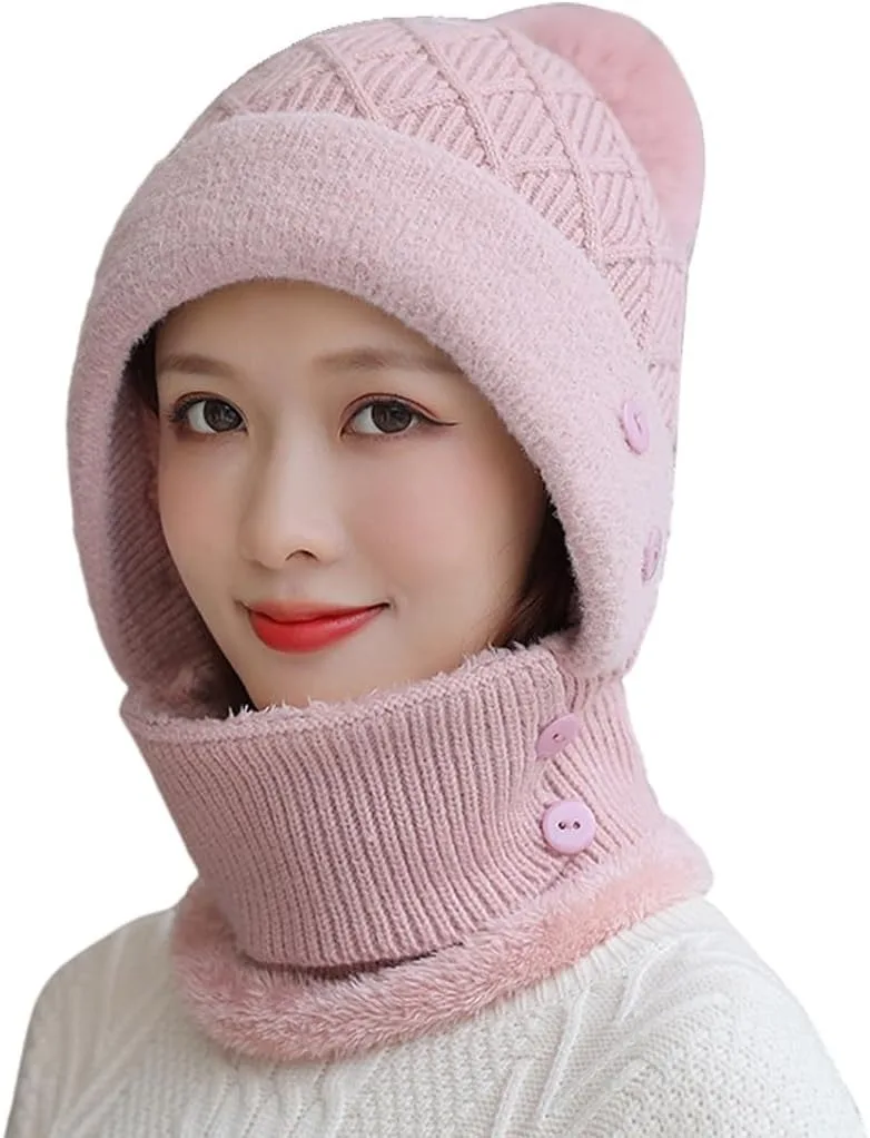 

Women Winter Beanie Hats One Piece Fleece Lined Knit Balaclavas Mask Set Skull Neck Circle Scarf Ski Snow Hat Pompom
