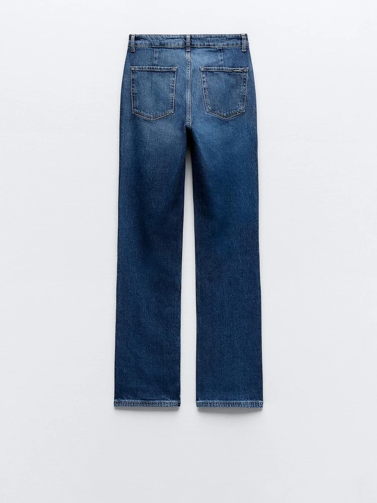 وصل حديثًا لفصل الربيع: بنطلون جينز نسائي بخصر مرتفع وقصة مستقيمة من الأسفل مع زينة أزرار، بنطلون طويل واسع من الأسفل من الدنيم.