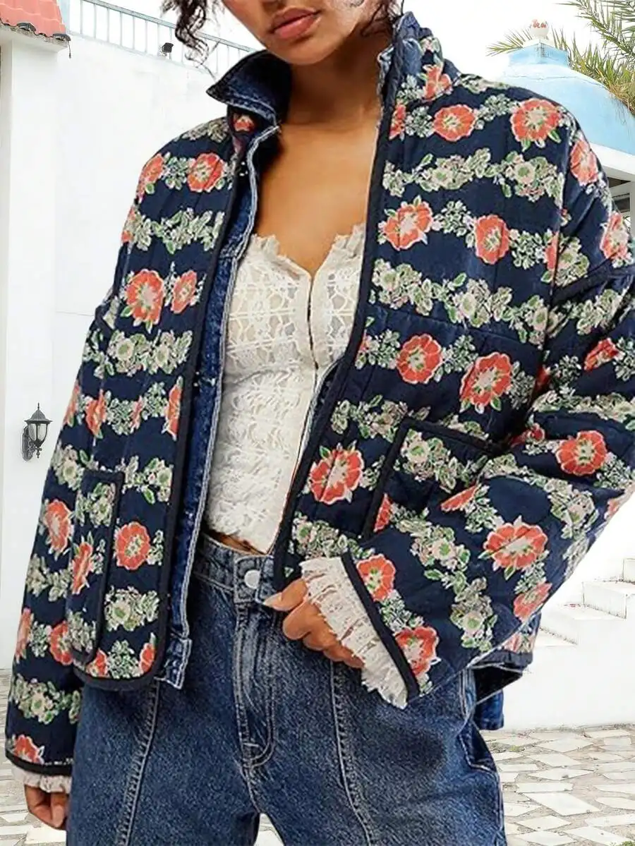 

Women's Cropped Quilted Floral Print Lightweight Puffer Jacket