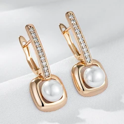 Wbmqda Fashion Elegant Pearl Long Drop Earrings For Women 585 Rose Gold Color With White Natural Zircon Daily Match Fine Jewelry