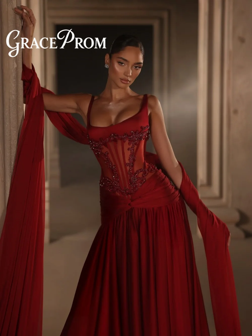 

GraceProm Heavy Beaded Sheer Corset With Draped Sleeves Evening Dress 2026 Red Stylish Floor-Length Formal Gown robes de soirée