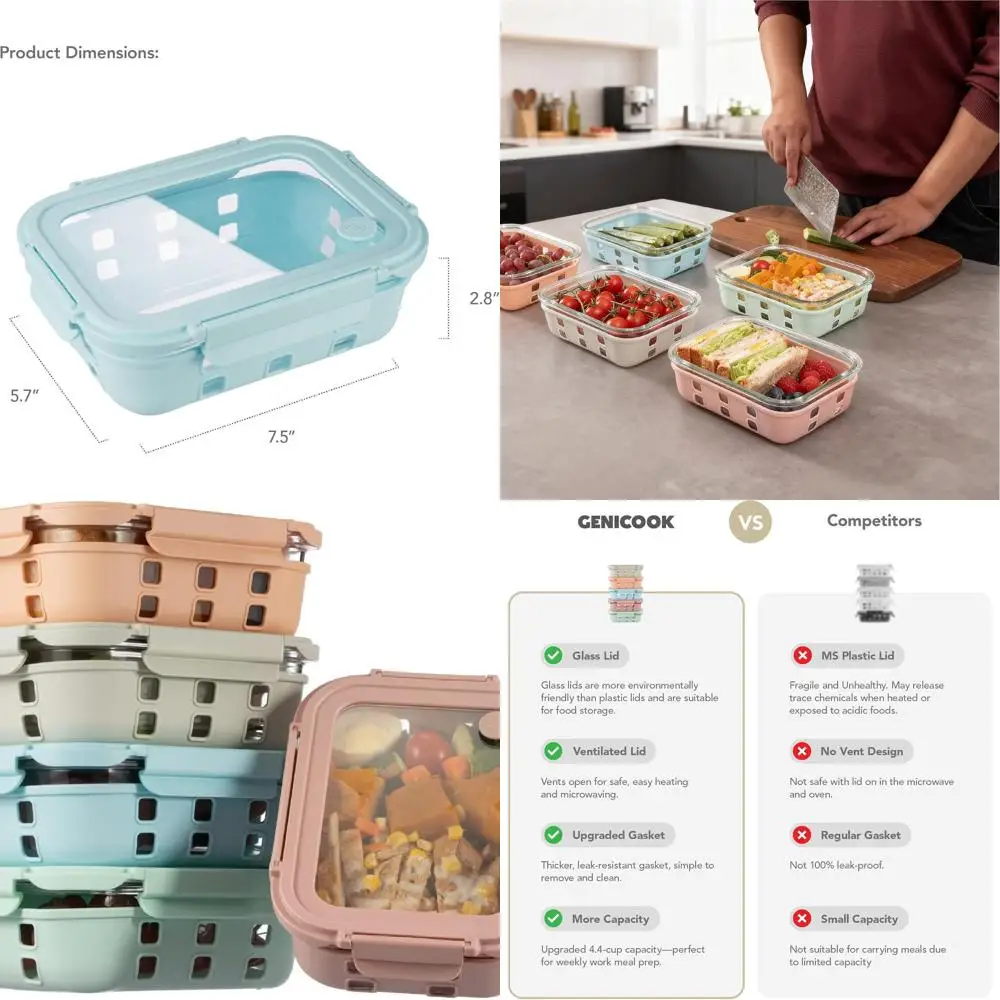 

5-Piece Glass Food Storage Set with Airtight Lids, Non-Slip Bases, Leak-Resistant, BPA-Free, for Meal Prep
