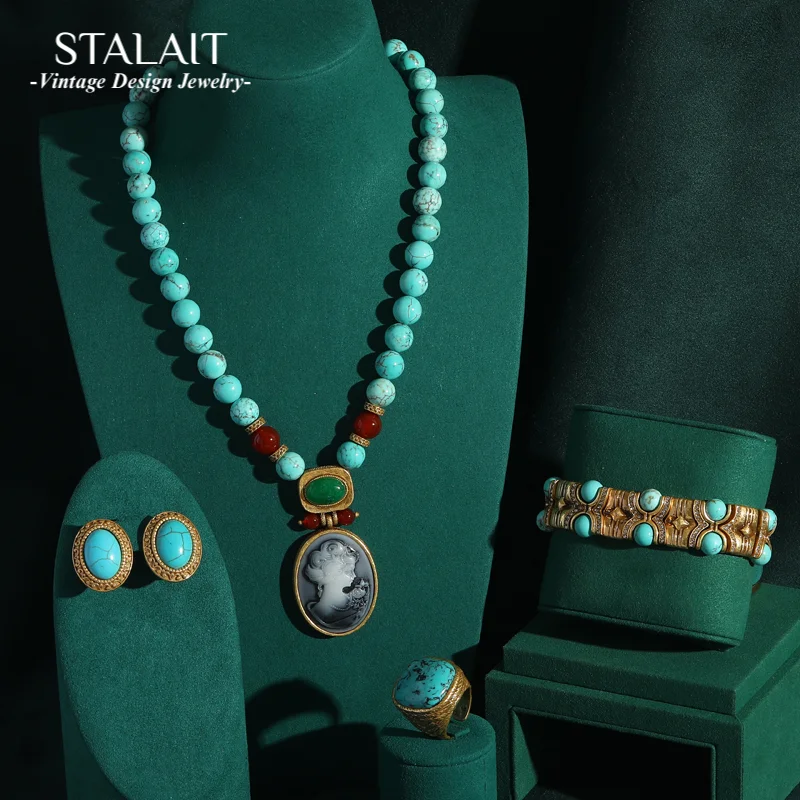 

Vintage Blue Stone Turquoise Jewelry Set French Cameo Beauty Head Pendant Luxury Woman Necklace Earrings Bracelet Rings 2025