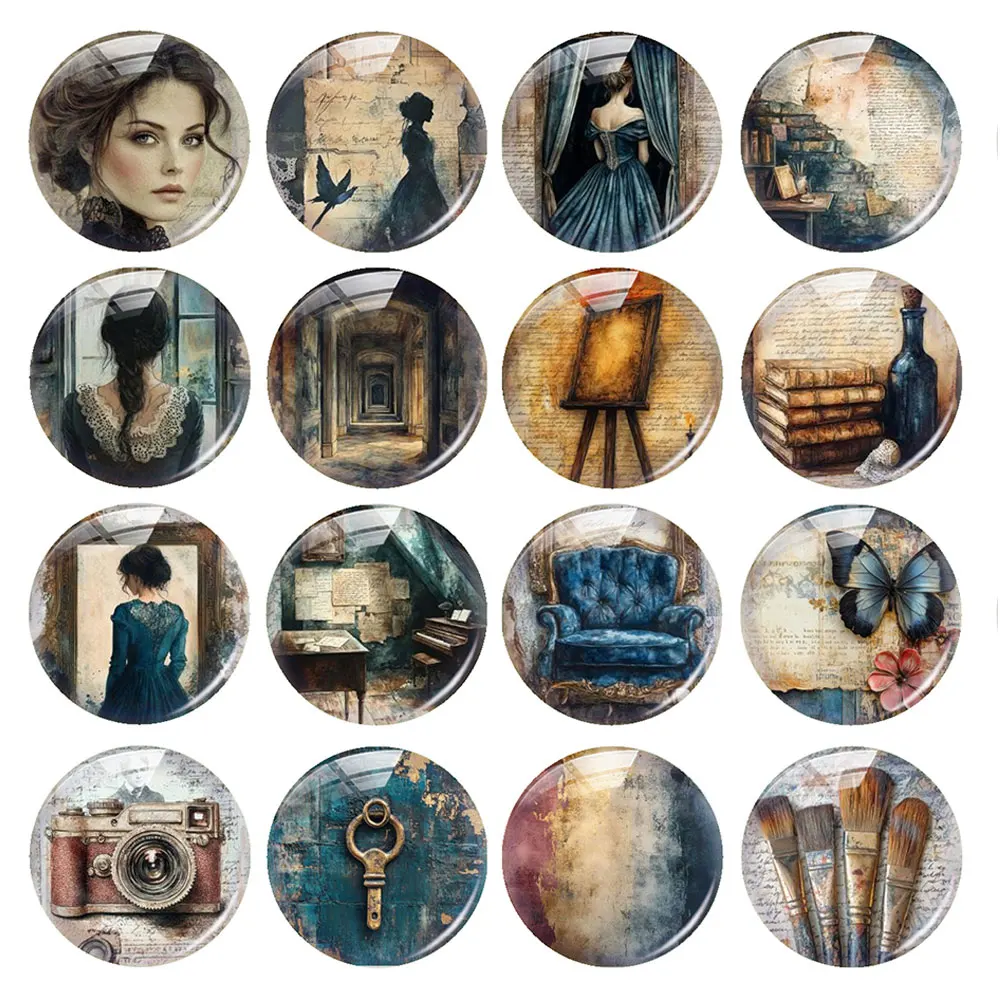 Random Mixed Round/Oval/Square Blue Gray Castle Retro Oil Painting Photo Glass Cabochon Flatback Demo Cameo Diy Jewelry Making