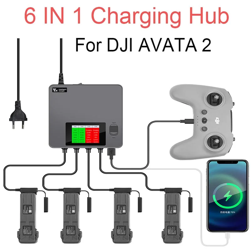 6 in1 Digital display Battery Charger for DJI AVATA 2 Drone Battery Charging Hub Fast Smart Battery Charger with USB adapter