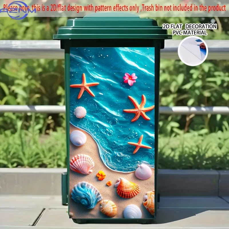 1pc 2D FLAT Beach Shells & Starfish Pattern Self-Adhesive Dustbin Stickers, PVC Trash Can Decorative Stickers, Wheelie Bin Sti