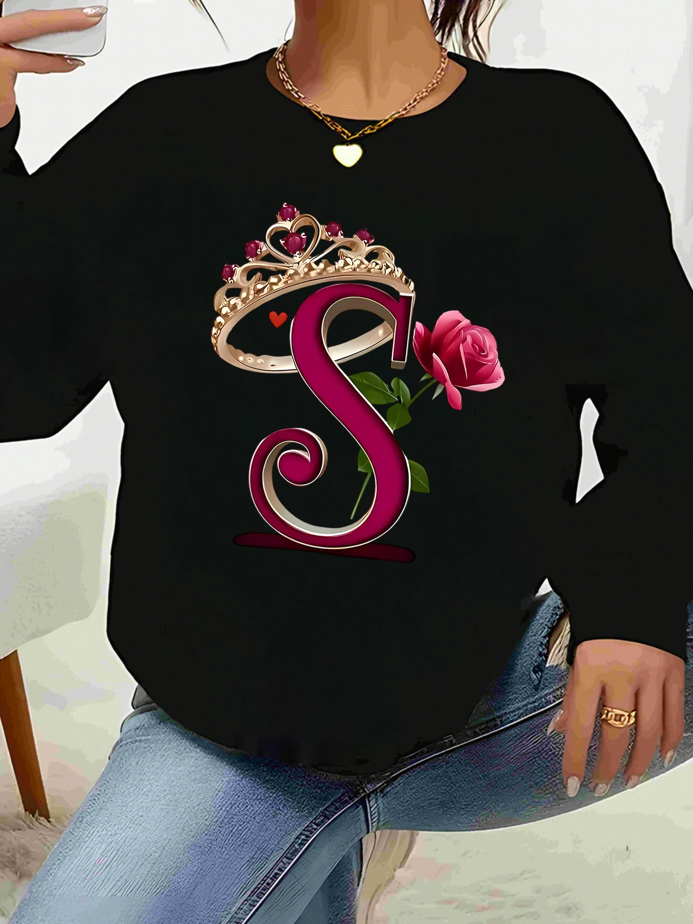 

Свитер с длинными рукавами и буквенным принтом Rose Crown S, женская повседневная одежда, повседневная мода