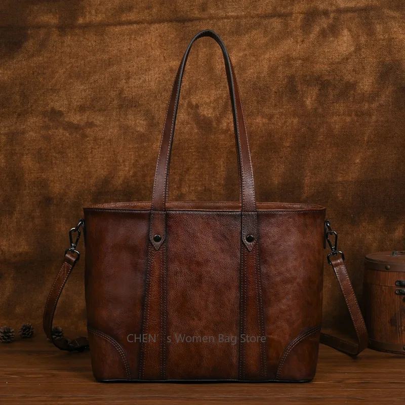 

Ladies Large Genuine Leather Tote Bag - Vintage Real Cow Leather Handbag withLayer Cowhide Shoulder Bag Design