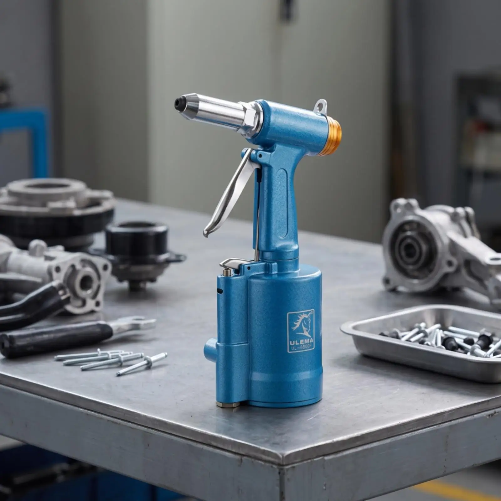 Professional Pneumatic Rivet Tool Air Powered Riveter with Interchangeable Nose Pieces Wrenches for Mechanics Workshop Use