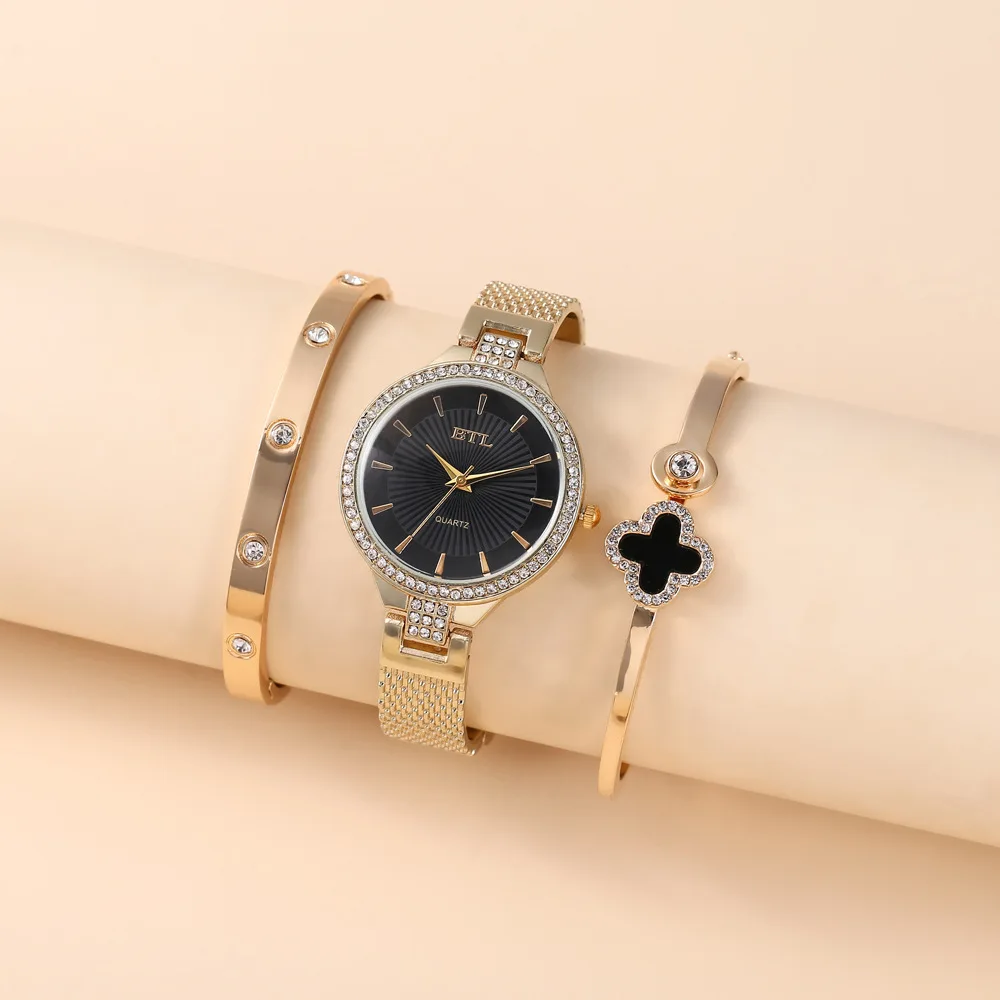 Женский браслет из титановой стали, инкрустированный бриллиантами, четырехлистный клевер, набор циферблат, инкрустированный римскими бриллиантами