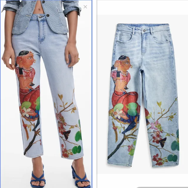 

Новые легка эластичные повседневные джинсы с испанским принтом для внешней торговли оригинального заказа