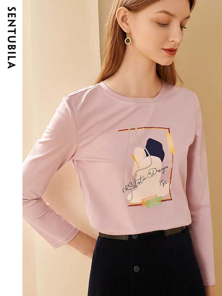 SENTUBILA 100% Cotton Long Sleeve Pink T-Shirts for Women 2024 Spring Autumn Fashion Print Round Neck Straight Loose Tee Shirts