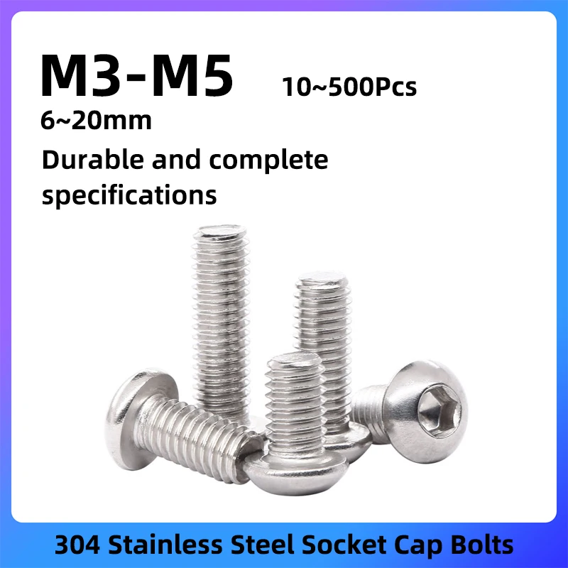 GooBetter 304 Stainless Steel Button Head Socket Cap Bolts Screws, 10-500Pcs M3 M4 M5 6-20mm ,Fully Threaded, Allen Hex Drive