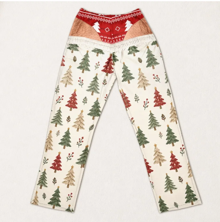 Neue, lustige, unisex-Hose mit ausgeschnittenem Gesäß und Weihnachtslicht-Motiv, gerade geschnitten, als originelle Hose für Weihnachtsfeiern, Feiertage und Freizeitkleidung. – Detail 7