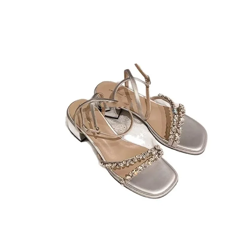 

Summer new one-word sandals French rhinestone open-toed thick high-heeled sandals women