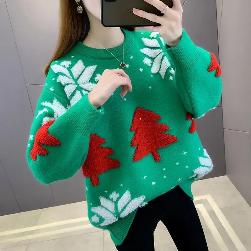 Christmas Sweater New Loose Velvet Thickened Knitted Bottoming Shirt Women Autumn and Winter Red Top