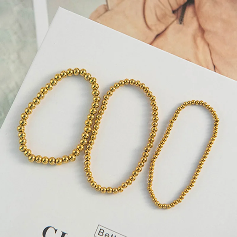 New Stainless Steel Beaded Bracelet 14k Gold Plated Round Beads Stretchable Elastic Bracelet for Women Handmade Jewelry Gift