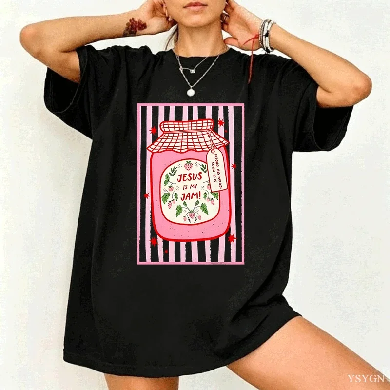 Unisex Jesus Is My Jam Strawberry Jam Jar Graphic T-Shirt Christian Tee Men Women Crewneck T Shirts Summer Pullover Streetwear