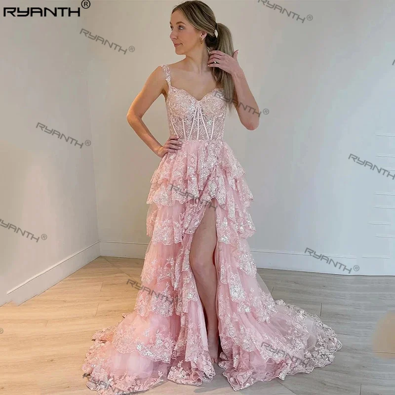 Ryanth abito da ballo in pizzo con applicazioni con spalle scoperte per donna abito da sera con scollo a v a pieghe a strati robes de soirée vestidos de gala