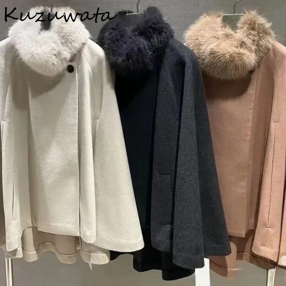 Kuzuwata Vintage Stand Collar Long Sleeve Wool Coat Fluffy Collar Mid-length Harajuku Jacket Japan New Cloak Shawl Warm Outwears