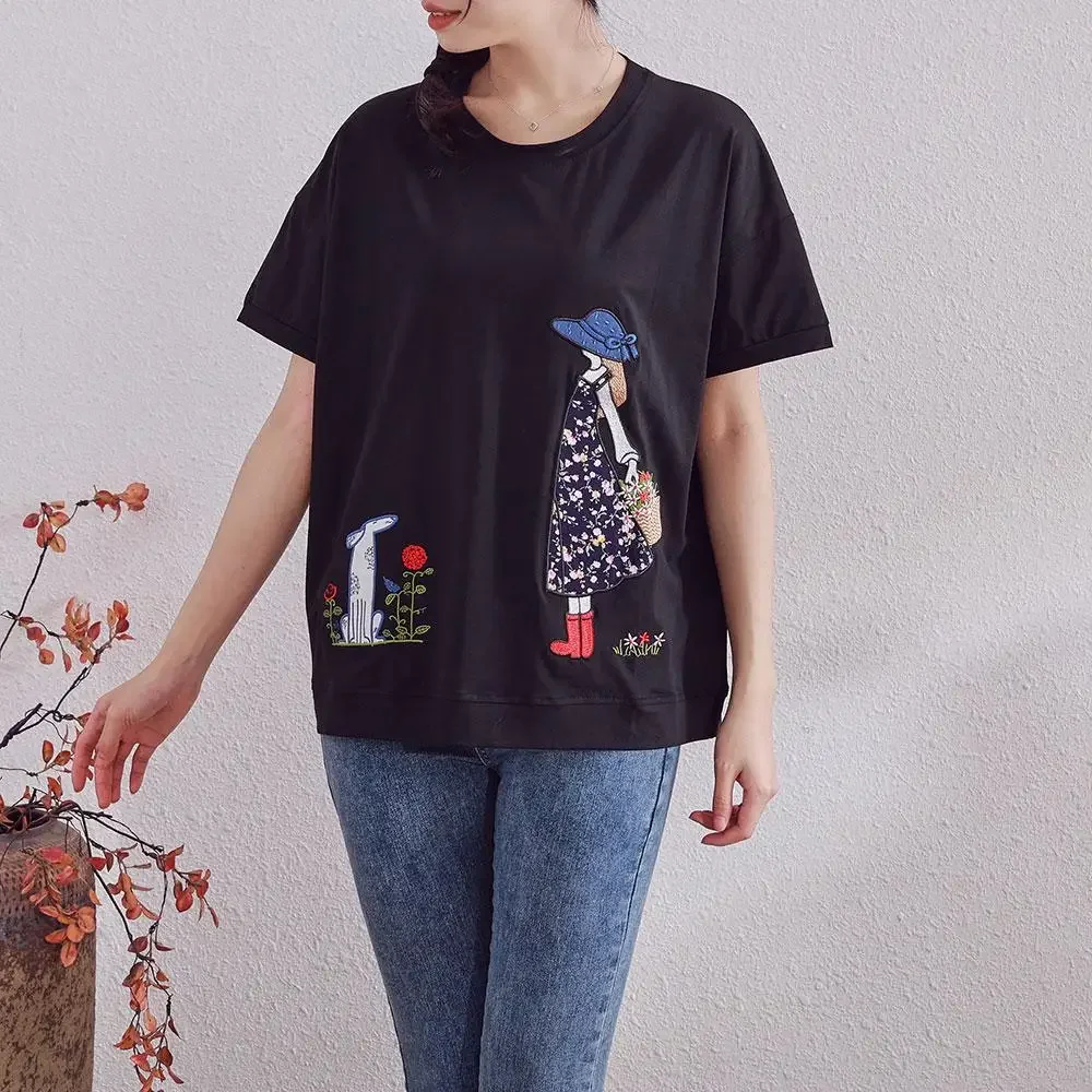 DIMANAF 2024 Summer New T-Shirt Women Fish Embroidery Printing Loose Casual Basic O-Neck Tops Black