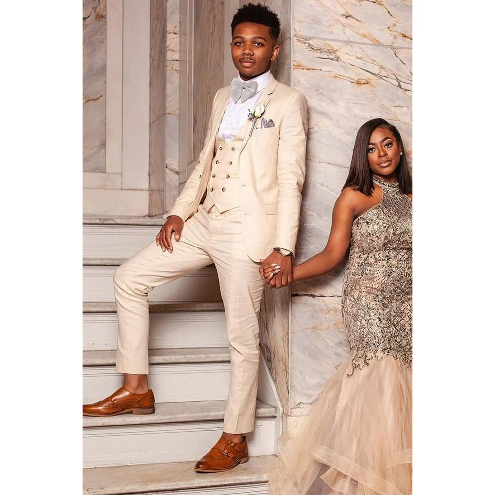 

Handsome Champagne Suits for Men Single Breasted 3 Pieces Jacket Pants Vest Male Clothing Slim Fit Banquet Wedding Blazers Sets