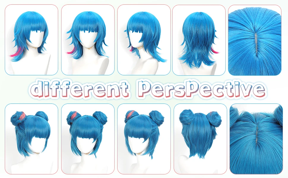 Arcane Jinx Cosplay Wig Blue Pink Highlight Short Synthetic Wig With Optional Double Buns For Halloween Game Role Play Costume