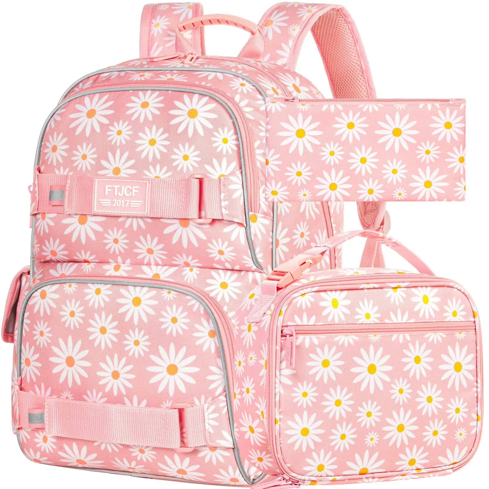 3PCS Daisy Girls Backpack, 17 Inch Laptop School Bookbag Teen College Water Resistant Kids Backpacks with Lunch Box Set - Pink