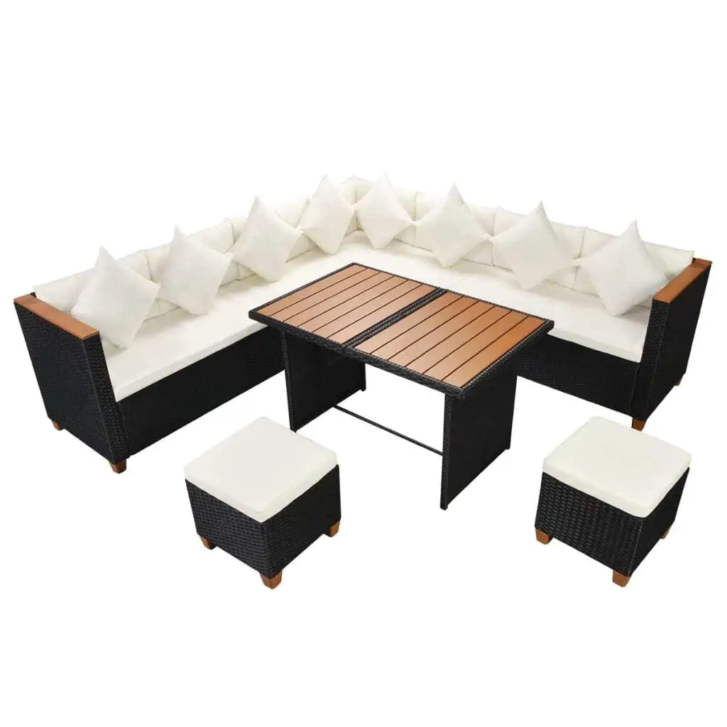 Set da giardino da 7 pezzi in polyrattan nero con cuscini - Mobili da esterno per giardino e terrazza