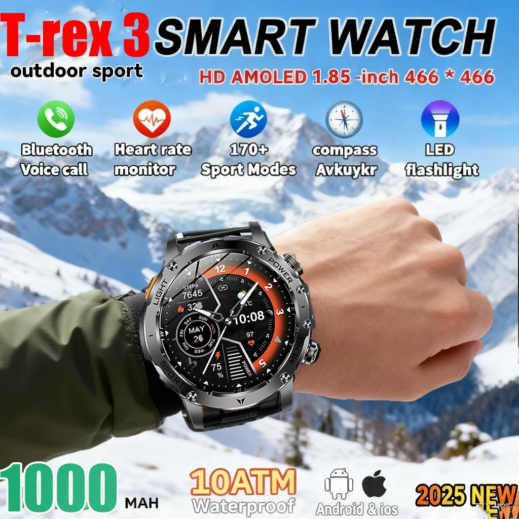 

2025 T-Rex 3 Military Grade Smartwatch 1000mAh Battery IP69 Waterproof GPS Bluetooth Call AMOLED HD Display for Men Sports