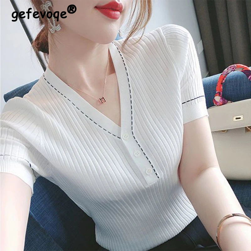 Summer New Casual Fashion V-neck Solid Simple Knitting T-shirt Lady Short Sleeve Slim All-match Pullover Top Women Patchwork Tee