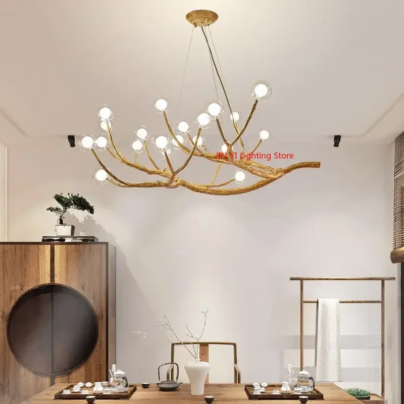 

New Simulation Resin Iron Tree Branch Glass Bubble Led Retro Pendant Chandelier For Living Room Decor Hanging Lighting