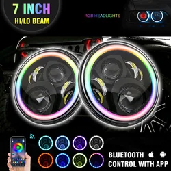 2PCS APP Control 7inch RGB Led Headlight Angel Eye DRL Halo Ring Car Motorcycle Light Headlamp For Harley Jeep Wrangler JK TL LJ