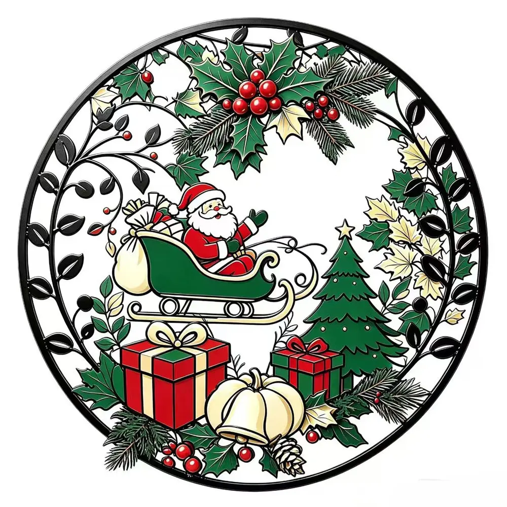 Santa Claus Round Metal Sign, Pumpkin Silhouette Decor Christmas Bell Metal Art for Kitchen Home, Reindeer Sled Sign Gift