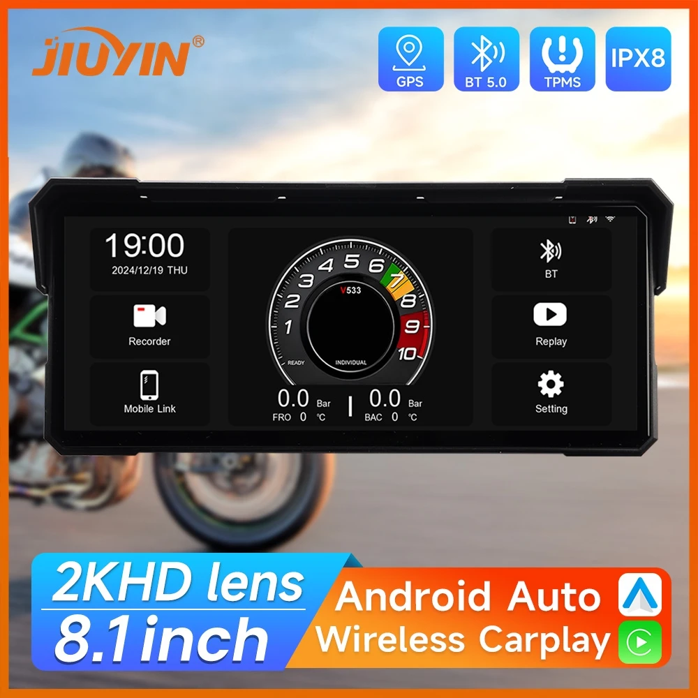 Wireless CarPlay Android Auto Motorcycle GPS Navigation IPX8 Waterproof  8.1 Inch Screen Multimedia 2K HD Recorder Bluetooth