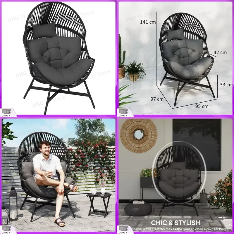 Oversized Egg Chair Outdoor Lounge Chair with Thick Tufted Cushion Headrest Steel Frame for Garden Patio Balcony Indoor Use